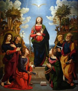 The Blessed Mother is overshadowed by the Holy Spirit